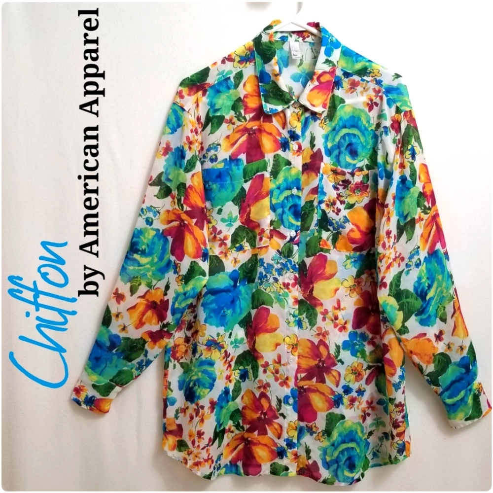 Vibrant Floral Blouse, Semisheer Fabric, Buttoned Front, One Size fits Most.